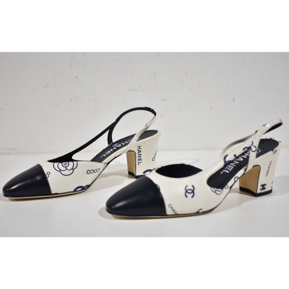 Chanel 23P Mademoiselle Coco Sling White Blue CC Logo Slingback Sandal Heel 37 - Picture 8 of 10